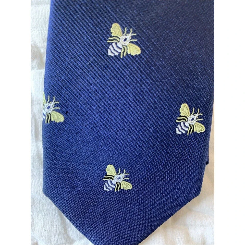 J. Crew Bumble Bee Print Classic Dress Tie Men's 100% Silk Blue Yellow White EUC
